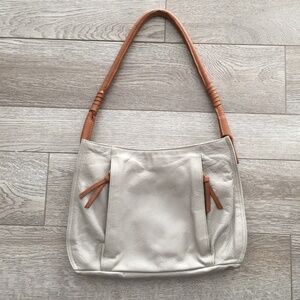 Sundance Pebbled Leather Shoulder Purse Neutral Khaki Putty Color w/Brown Strap